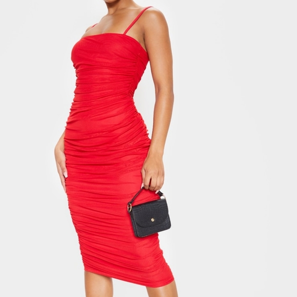 PrettyLittleThing Red Strappy Mesh Ruched Midaxi Dress - Picture 2 of 8